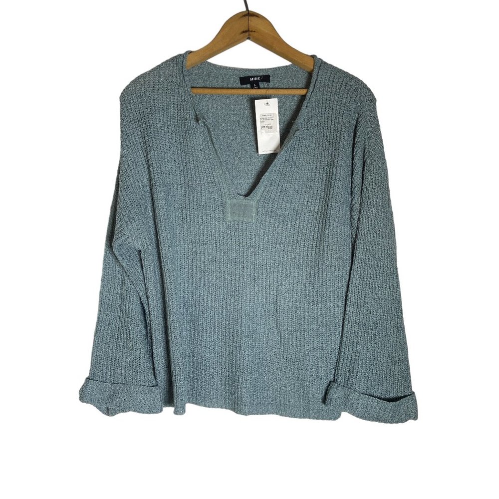NWT Mine Blu Pepper Split Neck Pullover Sweater Sage Blue Green Top Knit SMALL